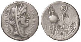 ROMANE IMPERIALI - Cassio († 42 a.C.) - Denario - Testa velata della Libertà a d. /R Praefericulum e lituo B. 18; Cr. 500/5 (AG g. 3,88) Contromarche...