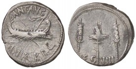 ROMANE IMPERIALI - Marc'Antonio († 30 a.C.) - Denario - Galera pretoriana /R LEG VIII - Aquila legionaria tra due insegne militari B. 113; Cr. 544/21 ...