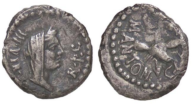 ROMANE IMPERIALI - Marc'Antonio († 30 a.C.) - Quinario - Testa velata e diademat...
