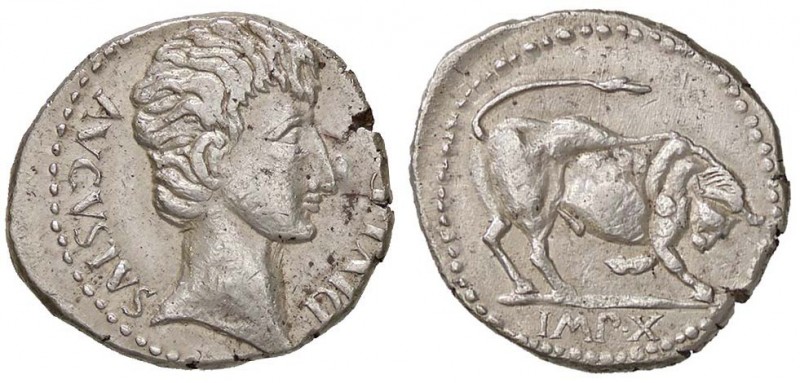 ROMANE IMPERIALI - Augusto (27 a.C.-14 d.C.) - Denario - Testa a d. /R Toro cari...
