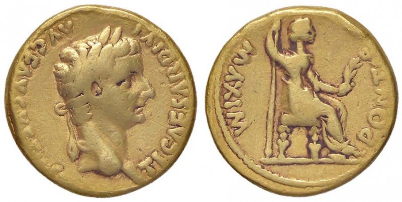 ROMANE IMPERIALI - Tiberio (14-37) - Aureo - Testa laureata a d. /R Livia seduta...