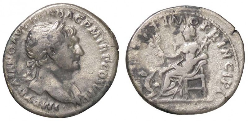 ROMANE IMPERIALI - Traiano (98-117) - Denario - Busto laureato a d. /R La Pace s...