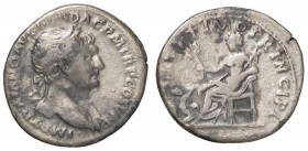 ROMANE IMPERIALI - Traiano (98-117) - Denario - Busto laureato a d. /R La Pace seduta a s. con ramo d'ulivo e scettro; ai suoi piedi una persona suppl...