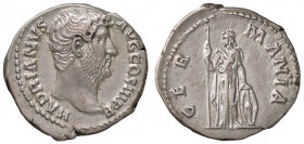 ROMANE IMPERIALI - Adriano (117-138) - Denario - Busto drappeggiato a d. /R La Germania stante a s. con lancia si appoggia a uno scudo C. 828 (AG g. 3...