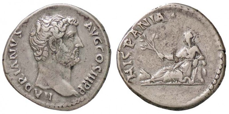 ROMANE IMPERIALI - Adriano (117-138) - Denario - Testa nuda a d. /R La Spagna sd...