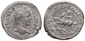 ROMANE IMPERIALI - Caracalla (198-217) - Denario - Busto laureato a d. /R Caracalla a cavallo a s.; davanti, un prigioniero a terra C. 486 (AG g. 3,94...