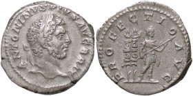 ROMANE IMPERIALI - Caracalla (198-217) - Denario - Testa laureata a d. /R Caracalla in abiti militari stante a d. con lancia; dietro due insegne milit...