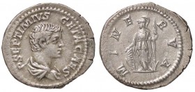 ROMANE IMPERIALI - Geta (209-212) - Denario - Busto drappeggiato a d. /R Minerva stante a s. con scudo e lancia C. 77 (AG g. 3,17)
BB-SPL