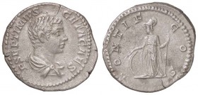 ROMANE IMPERIALI - Geta (209-212) - Denario - Busto drappeggiato a d. /R Pallade stante a s. appoggiato a uno scudo e con lancia C. 104; RIC 34a (AG g...