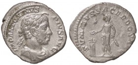 ROMANE IMPERIALI - Elagabalo (218-222) - Denario - Busto laureato e drappeggiato a d. /R Elagabalo stante a s. presso un tripode acceso con ramo e pat...