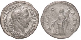 ROMANE IMPERIALI - Alessandro Severo (222-235) - Denario - Busto laureato e drappeggiato a d. /R L'Abbondanza stante a s. con spighe e cornucopia, ai ...