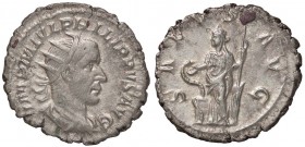 ROMANE IMPERIALI - Filippo I (244-249) - Antoniniano - Busto radiato e drappeggiato a d. /R La Salute stante a s. con timone alimenta un serpente che ...
