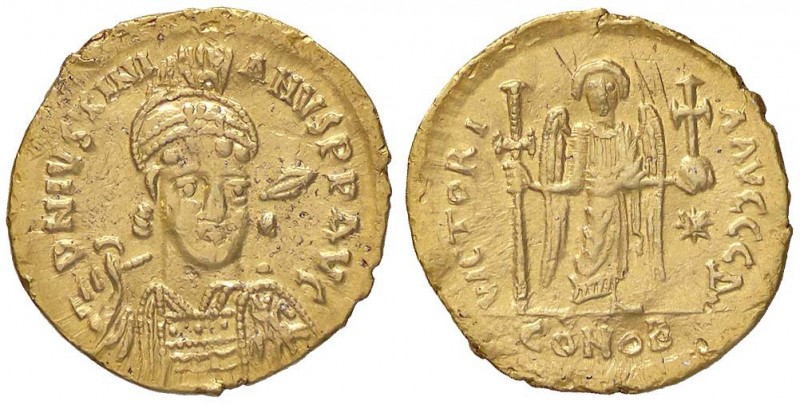 BIZANTINE - Giustiniano I (527-565) - Solido - Busto trequarti a d. con lancia e...