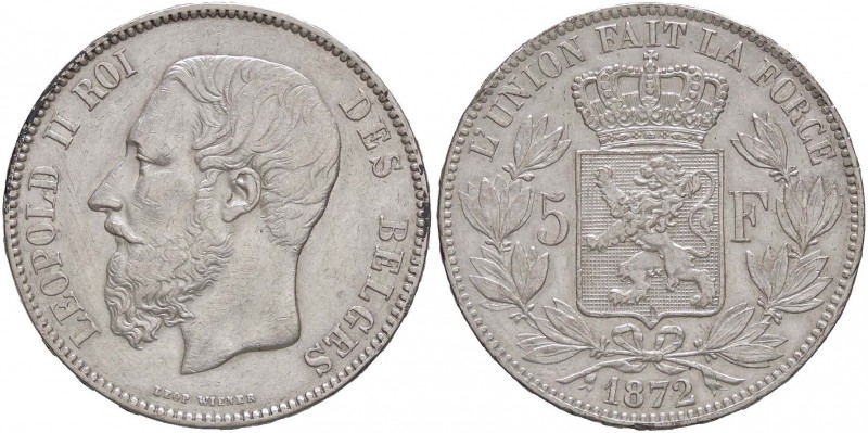 ESTERE - BELGIO - Leopoldo II (1865-1909) - 5 Franchi 1872 Kr. 24 AG Colpetto
B...