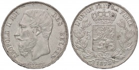 ESTERE - BELGIO - Leopoldo II (1865-1909) - 5 Franchi 1873 Kr. 24 AG Segni al bordo
SPL