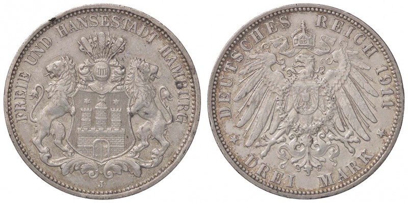 ESTERE - GERMANIA - AMBURGO - Città Libera - 3 Marchi 1911 J Kr. 296 AG Colpetto...