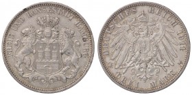ESTERE - GERMANIA - AMBURGO - Città Libera - 3 Marchi 1911 J Kr. 296 AG Colpetto
qSPL/SPL