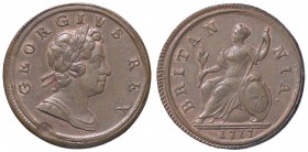 ESTERE - GRAN BRETAGNA - Giorgio I (1714-1727) - Mezzo penny 1717 Spink 3659 R CU Schiacciatura di conio al D/ - Riflessi rossi, ottima conservazione ...