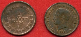 ZECCHE ITALIANE - BOLOGNA - Napoleone I, Re d'Italia (1805-1814) - 3 Centesimi 1808 Pag. 69; Mont. 114 CU Assieme a 1/2 baiocco 1851 - Lotto di 2 mone...
