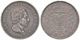 SAVOIA - Carlo Felice (1821-1831) - 5 Lire 1830 T (P) Pag. 79a; Mont. 70 R AG Gradevole patina
BB/BB+