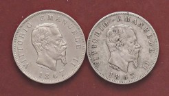 SAVOIA - Vittorio Emanuele II Re d'Italia (1861-1878) - Lira 1863T e 1867 M Stemma AG Lotto di 2 monete
med. BB