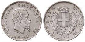 SAVOIA - Vittorio Emanuele II Re d'Italia (1861-1878) - Lira 1867 M Stemma Pag. 518; Mont. 206 AG Colpetto
qSPL/SPL