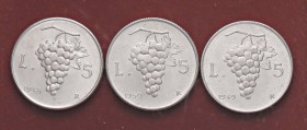 REPUBBLICA ITALIANA - Repubblica Italiana (monetazione in lire) (1946-2001) - 5 Lire 1948-1949-1950 IT Lotto di 3 monete
qFDC÷FDC
