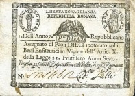 CARTAMONETA - STATO PONTIFICIO - Repubblica Romana Assegnati (1798) - 10 Paoli Anno 7 Gav. 70 Galli (retro rombo)
BB+