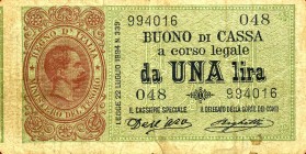 CARTAMONETA - BUONI DI CASSA - Umberto I (1878-1900) - Lira 02/08/1894 - Serie 33-52 Alfa 3; Lireuro 2A RRR Dell'Ara/Righetti Strappo ricomposto
MB