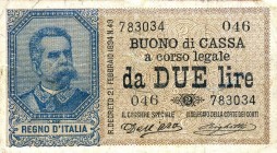 CARTAMONETA - BUONI DI CASSA - Umberto I (1878-1900) - 2 Lire 15/02/1897 - Serie 45-54 Alfa 24; Lireuro 6D RRRR Dell'Ara/Righetti Restauri al R/
qBB