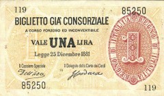 CARTAMONETA - CONSORZIALI - Biglietti già Consorziali - Lira 25/12/1881 Gav. 10 R Dell'Ara/Crodara
qSPL