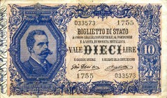 CARTAMONETA - BIGLIETTI DI STATO - Vittorio Emanuele III (1900-1943) - 10 Lire 23/04/1914 - Serie 1551-2100 Alfa 77; Lireuro 17C R Dell'Ara/Righetti
...