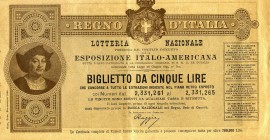 VARIE - Biglietti lotterie 5 lire 1892 - Lotteria Nazionale - Esposizione Italo - Americana
SPL