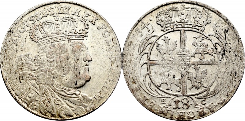 Augustus III (1733-1763)
 August III Sas, Ort 1754 Efraimek - kropka po dacie i...