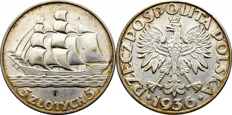 5 złotych
 II Rzeczpospolita, 5 złotych 1936 Żaglowiec Bardzo atrakcyjny około-...