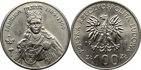PRL, 100 złotych 1988 Jadwiga - niedobity znak projektanta