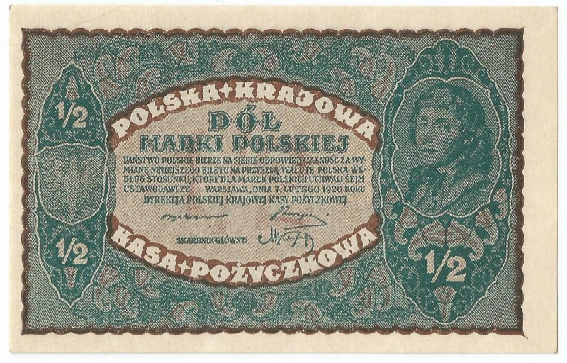 Polish marks 1916-1923
 II RP, 1/2 marki polskiej 1920 Emisyjny egzemplarz. 
G...