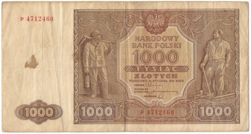 PRL 1944-1965
 PRL, 1000 złotych 1946 P Obiegowy egzemplarz. 
Grade: VF-/VF