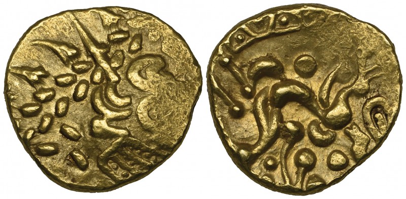 Ambiani, gold stater, 2nd-1st century BC, portions of laureate head, rev., disjo...