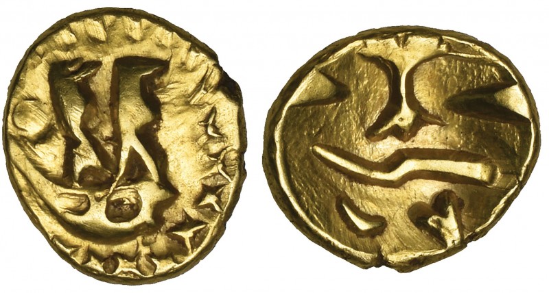 Morini, gold quarter stater, 1st century BC, stylised boat with two masts (?), r...