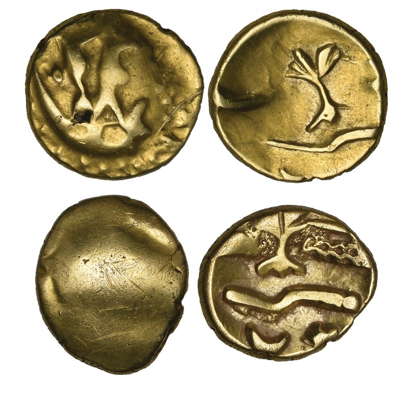 Morini, gold quarter stater, 1st century BC, stylised boat with two masts (?), r...