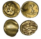 Morini, gold quarter stater, 1st century BC, stylised boat with two masts (?), rev., tree-like object, 1.47g (DT 249; LT 8611; ABC 40), very fine; and...
