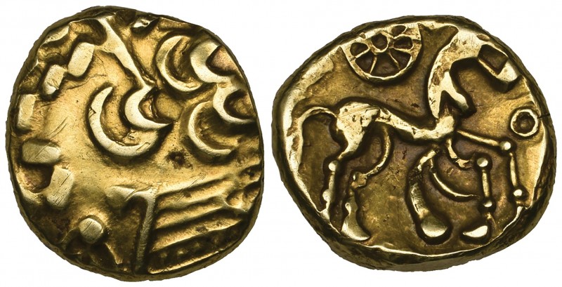 Nervii, gold stater, 1st century BC, portions of laureate head, rev., horse righ...