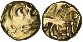 Nervii, gold stater, 1st century BC, portions of laureate head, rev., horse right with wheel above, ring to right and with two curved objects below th...