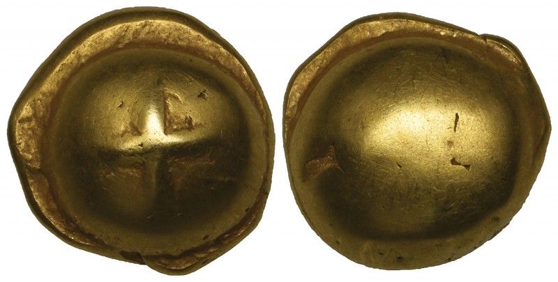 Senones, globular gold stater, 1st century BC, cross on raised globule, rev., pl...
