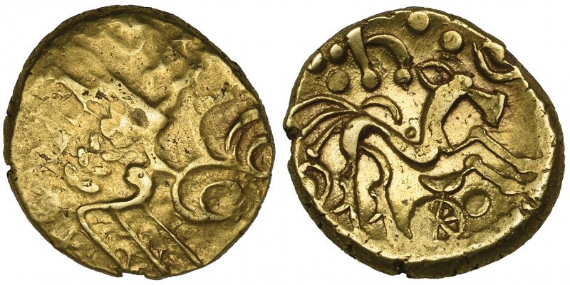Suessiones, gold stater, 1st century BC, portions of laureate head, rev., triple...