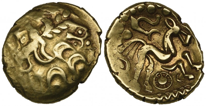 Suessiones, gold stater, 1st century BC, portions of laureate head, rev., triple...