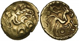 Suessiones, gold stater, 1st century BC, portions of laureate head, rev., triple-tailed horse right; wheel with central hub below, 6.01g (DT 169), ver...