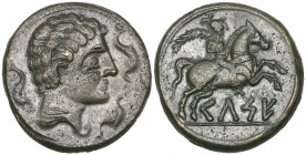 Celtiberian, Celse, bronze as, c. 120-50 BC, male head right with three dolphins around, rev., horseman galloping right holding palm branch, 15.92g (B...