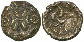 Ancient Britain, Corieltauvi, Vep Corf, base gold stater, early 1st century AD, wreath and rosettes pattern, rev., [V]EP CORF, disjoined horse left, 4...
